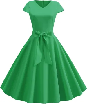 1950s Dresses for Women 2025 Vintage Crewneck Cap Sleeve Swing A-Line Midi Sundress Rockabilly Cocktail Tea Party Dress