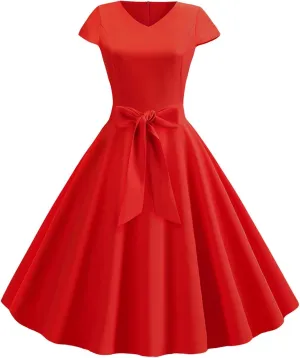 1950s Dresses for Women 2025 Vintage Crewneck Cap Sleeve Swing A-Line Midi Sundress Rockabilly Cocktail Tea Party Dress
