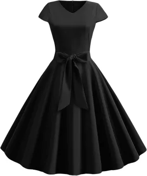1950s Dresses for Women 2025 Vintage Crewneck Cap Sleeve Swing A-Line Midi Sundress Rockabilly Cocktail Tea Party Dress