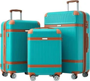 3 Piece Lightweight Hardshell Luggage Set with Double Spinner Wheels, Durable ABS Material, Green