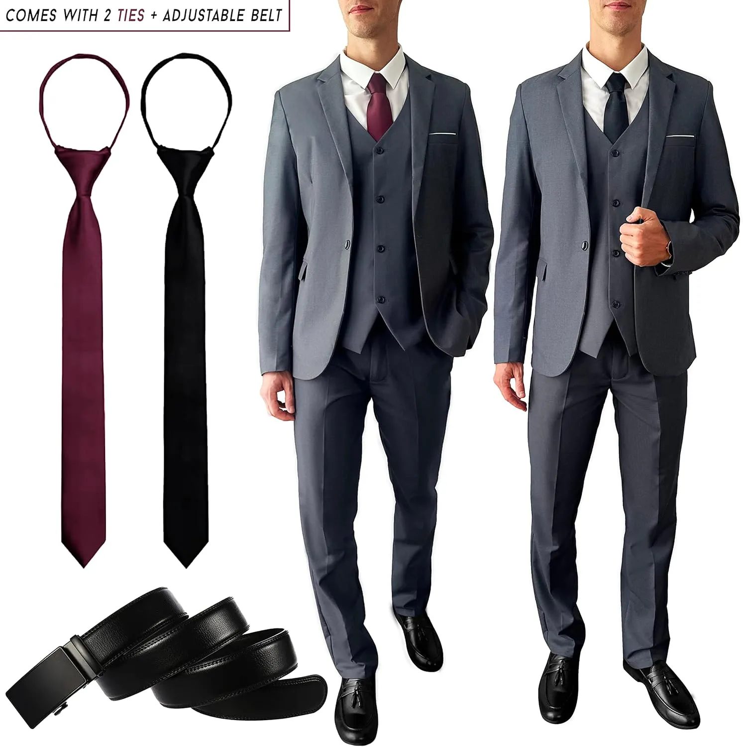3 Piece Mens Suit, Slim Fit Stylish Jacket, Pants, Vest, 2 Ties, and Belt, Perfect for Weddings, Business and More