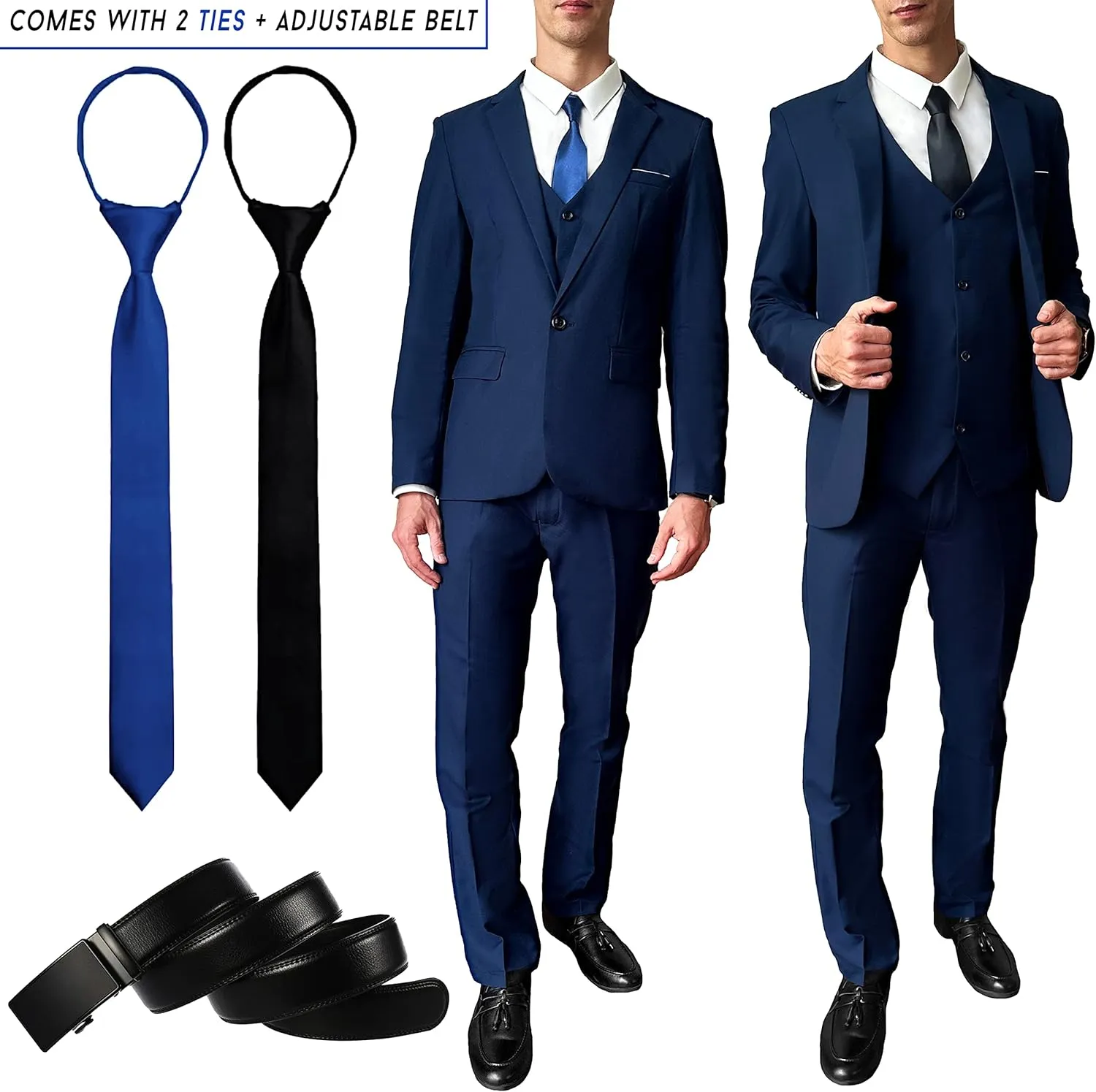 3 Piece Mens Suit, Slim Fit Stylish Jacket, Pants, Vest, 2 Ties, and Belt, Perfect for Weddings, Business and More