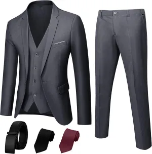 3 Piece Mens Suit, Slim Fit Stylish Jacket, Pants, Vest, 2 Ties, and Belt, Perfect for Weddings, Business and More