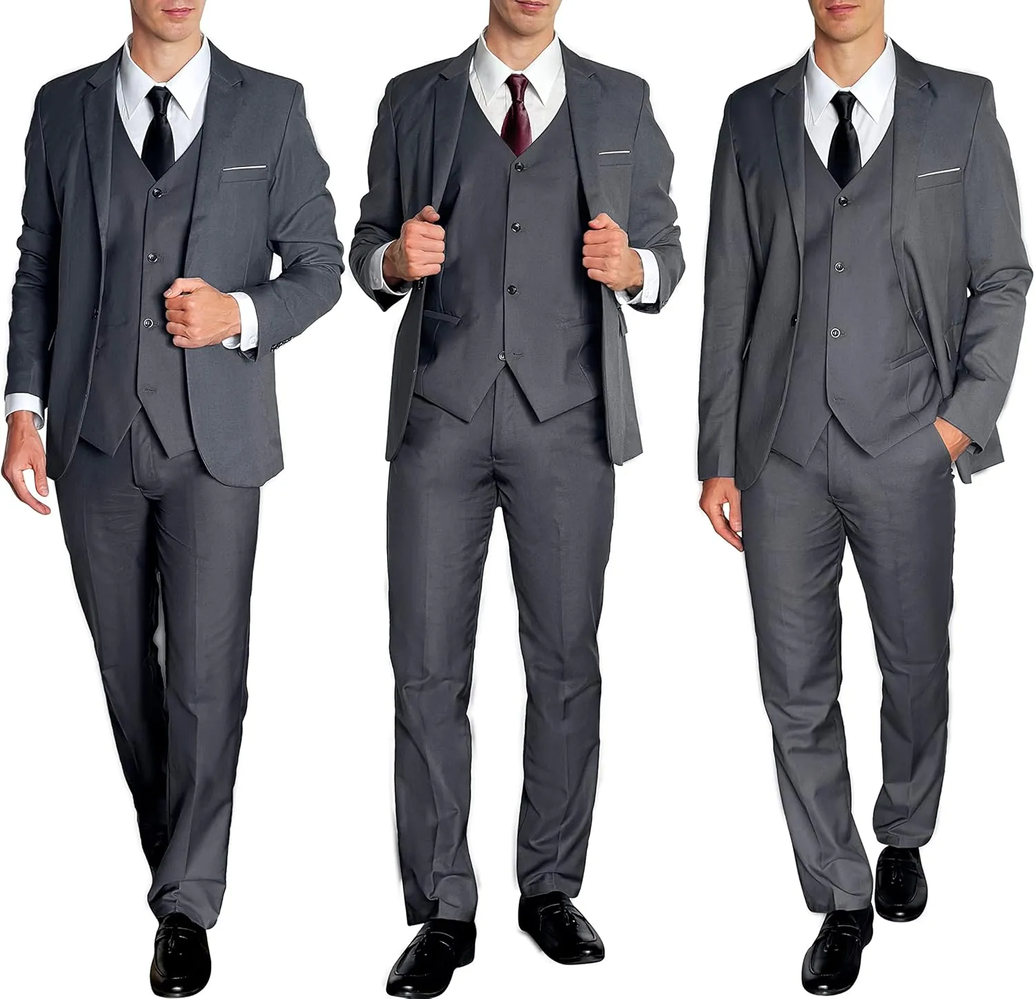 3 Piece Mens Suit, Slim Fit Stylish Jacket, Pants, Vest, 2 Ties, and Belt, Perfect for Weddings, Business and More