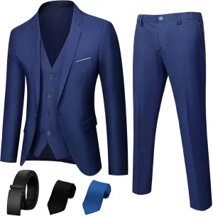 3 Piece Mens Suit, Slim Fit Stylish Jacket, Pants, Vest, 2 Ties, and Belt, Perfect for Weddings, Business and More
