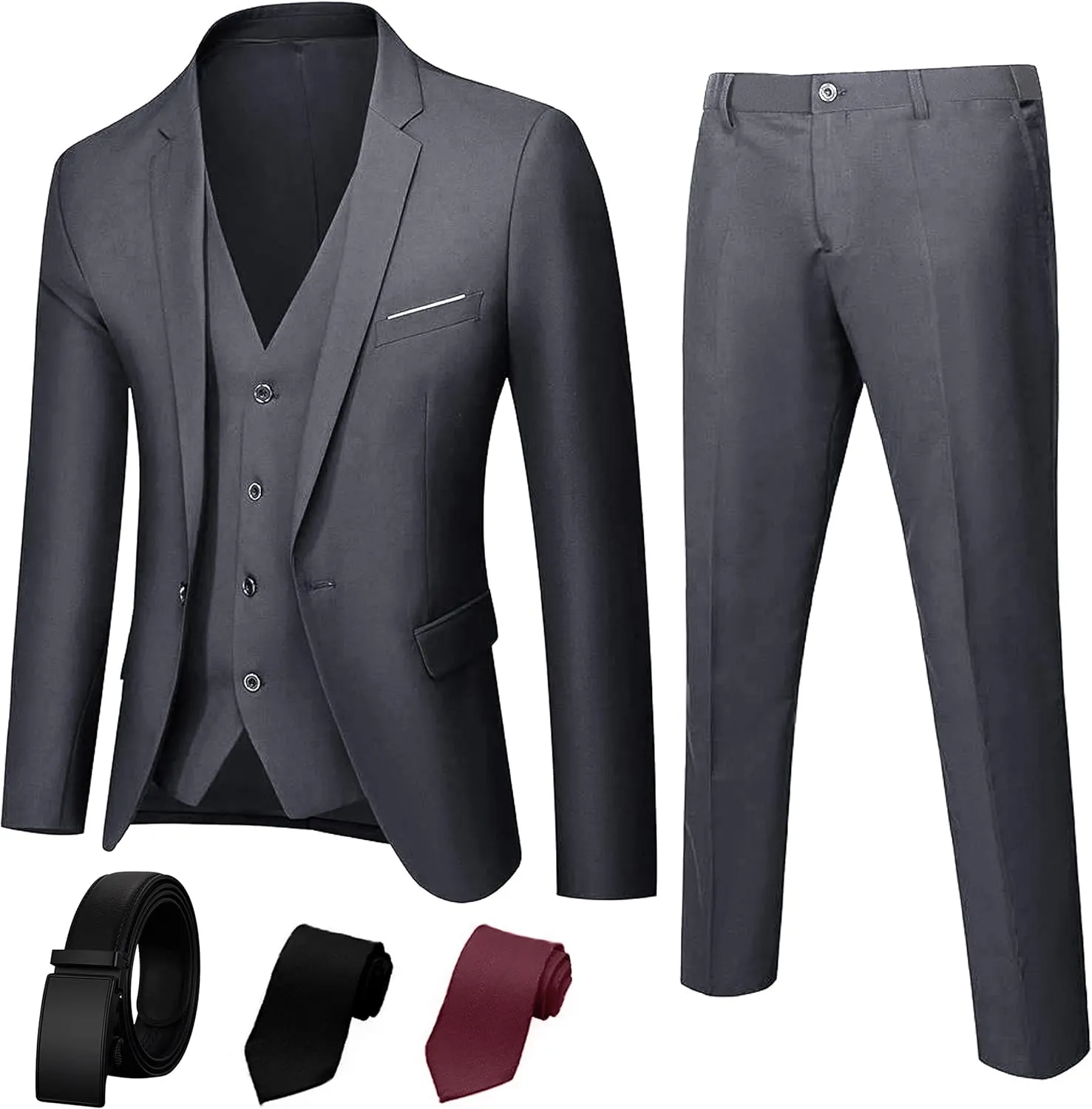 3 Piece Mens Suit, Slim Fit Stylish Jacket, Pants, Vest, 2 Ties, and Belt, Perfect for Weddings, Business and More