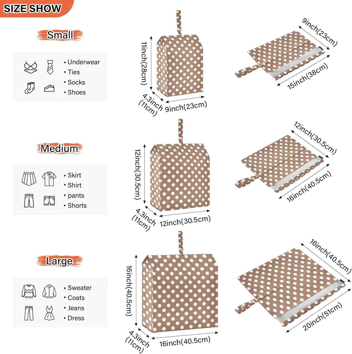 3 Set Packing Cubes Luggage Packing Organizers White Brown Retro Polka Dot Travel Packing Storage Bags for Suitcase Travel Accessories