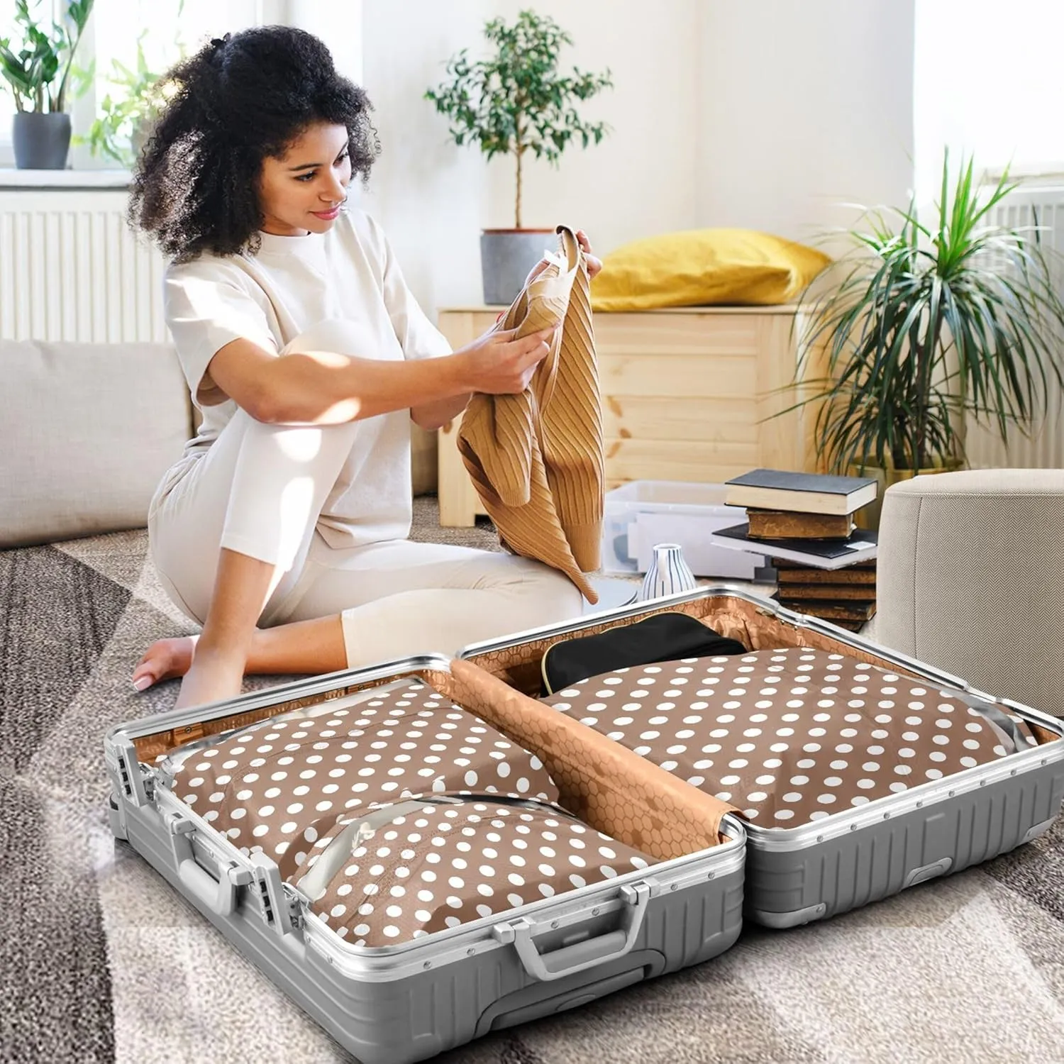 3 Set Packing Cubes Luggage Packing Organizers White Brown Retro Polka Dot Travel Packing Storage Bags for Suitcase Travel Accessories