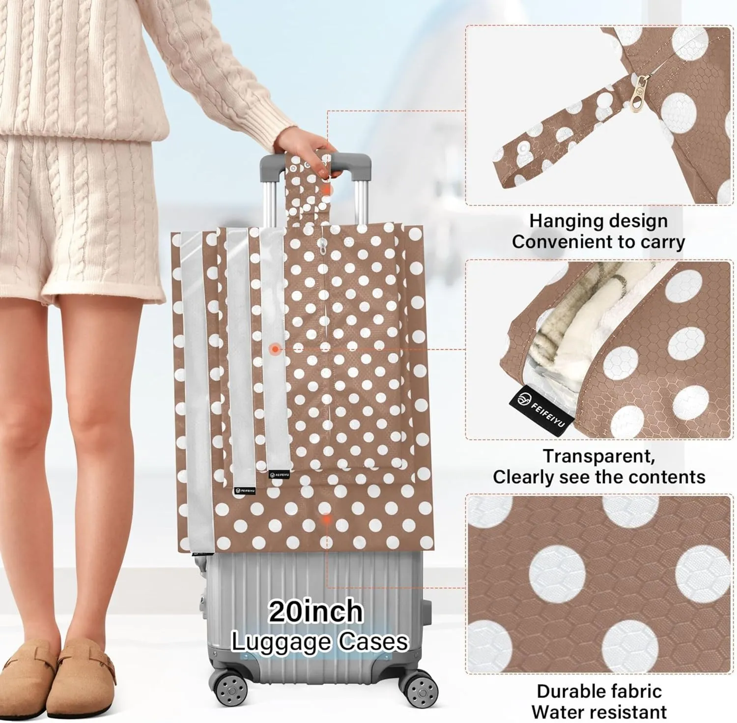 3 Set Packing Cubes Luggage Packing Organizers White Brown Retro Polka Dot Travel Packing Storage Bags for Suitcase Travel Accessories