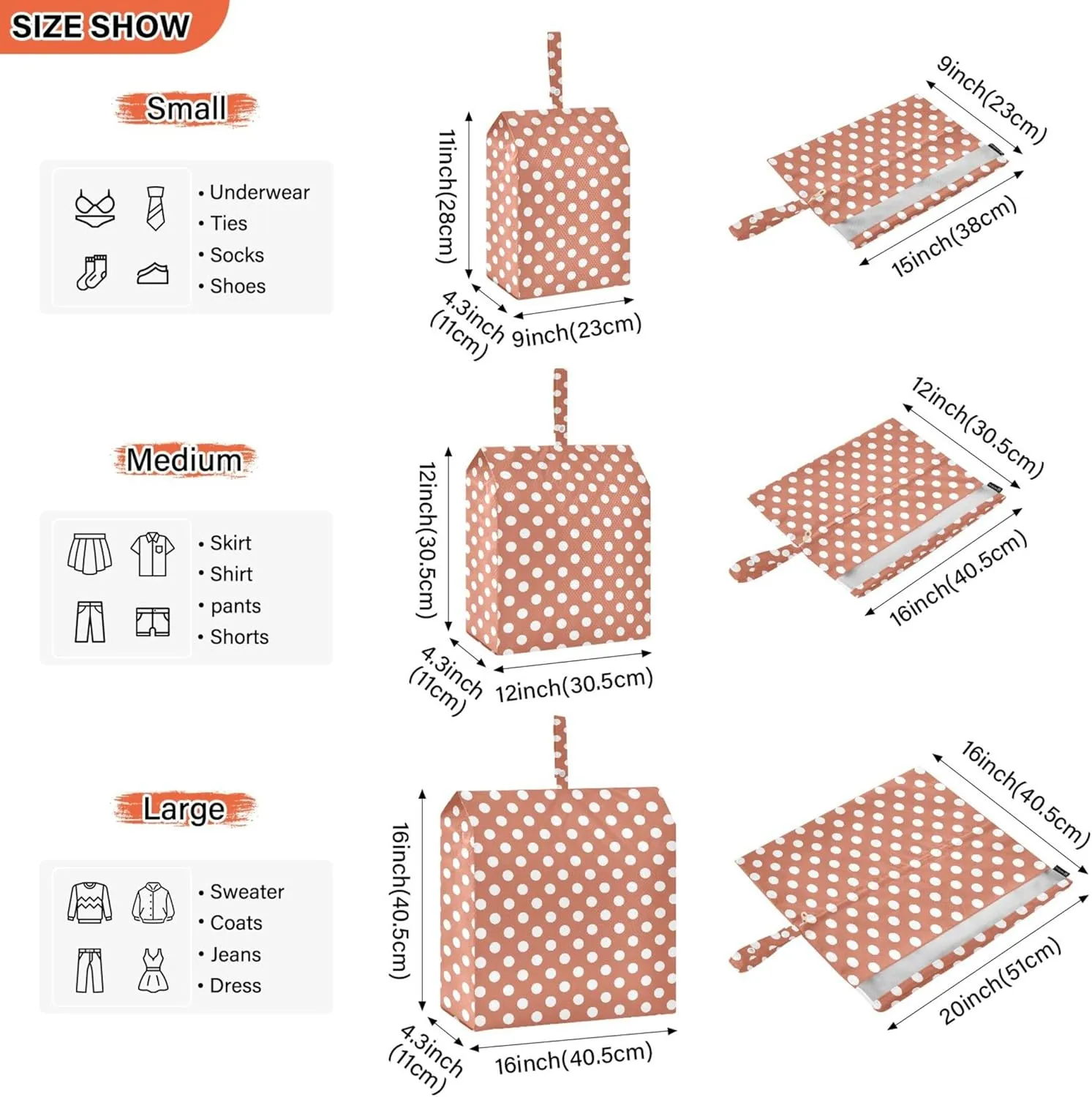 3 Set Packing Cubes Luggage Packing Organizers White Brown Retro Polka Dots Travel Packing Storage Bags for Suitcase Travel Accessories