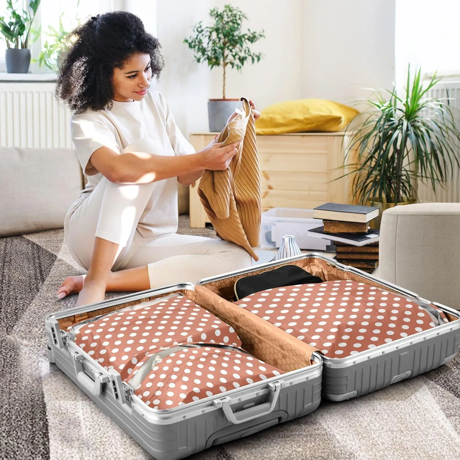 3 Set Packing Cubes Luggage Packing Organizers White Brown Retro Polka Dots Travel Packing Storage Bags for Suitcase Travel Accessories