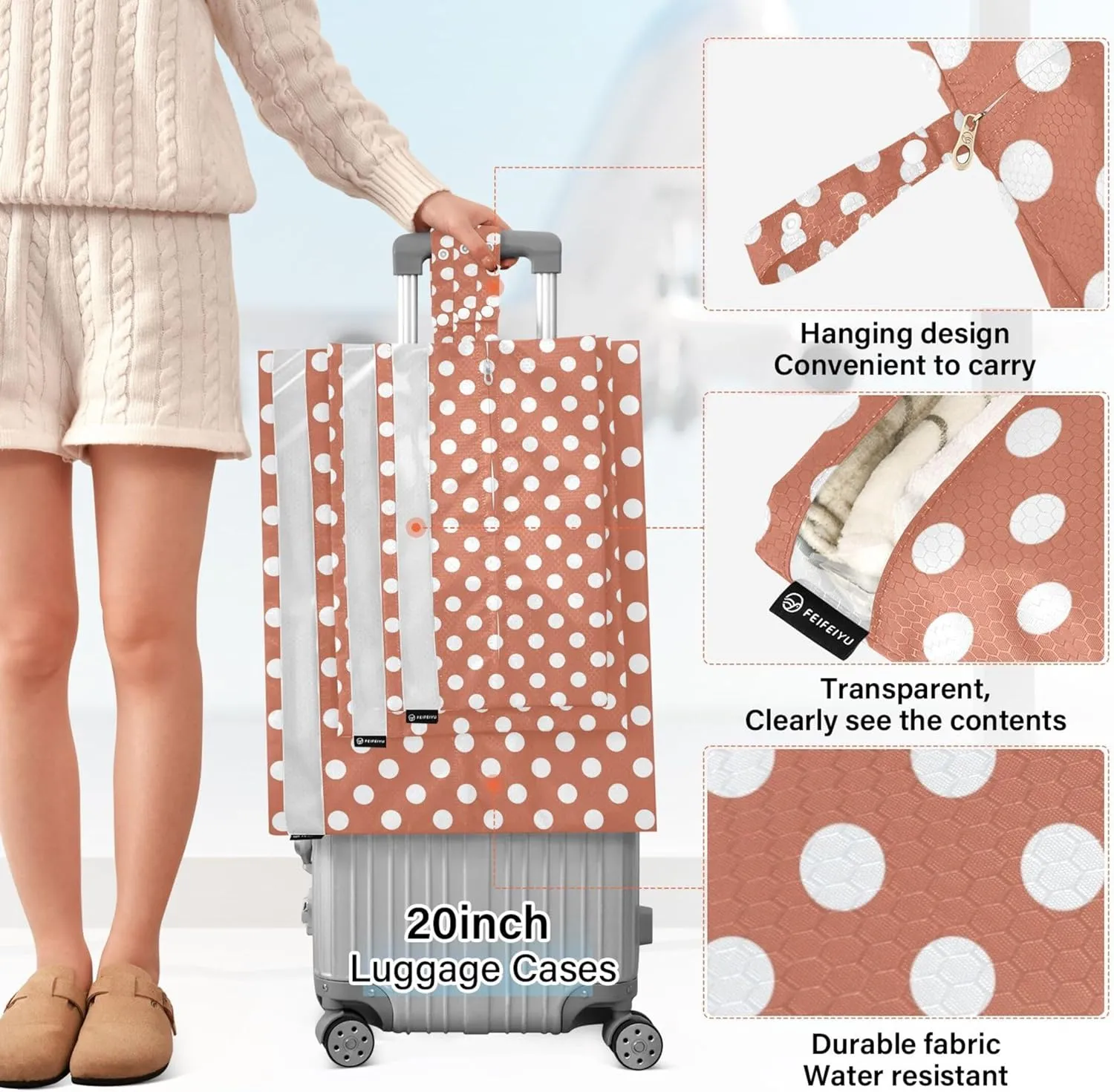 3 Set Packing Cubes Luggage Packing Organizers White Brown Retro Polka Dots Travel Packing Storage Bags for Suitcase Travel Accessories