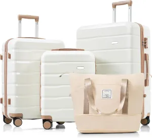 4 Piece Luggage Sets with Travel Bag, Durable ABS Suitcases, Spinner Wheels, Ivory & Gold Luggage