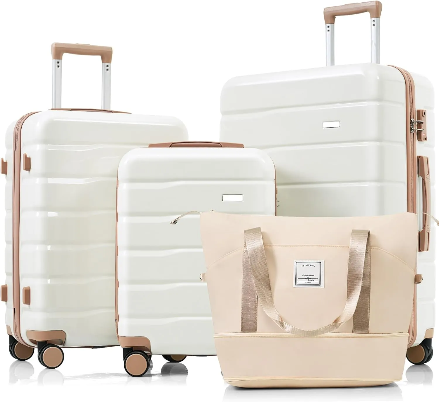 4 Piece Luggage Sets with Travel Bag, Durable ABS Suitcases, Spinner Wheels, Ivory & Gold Luggage