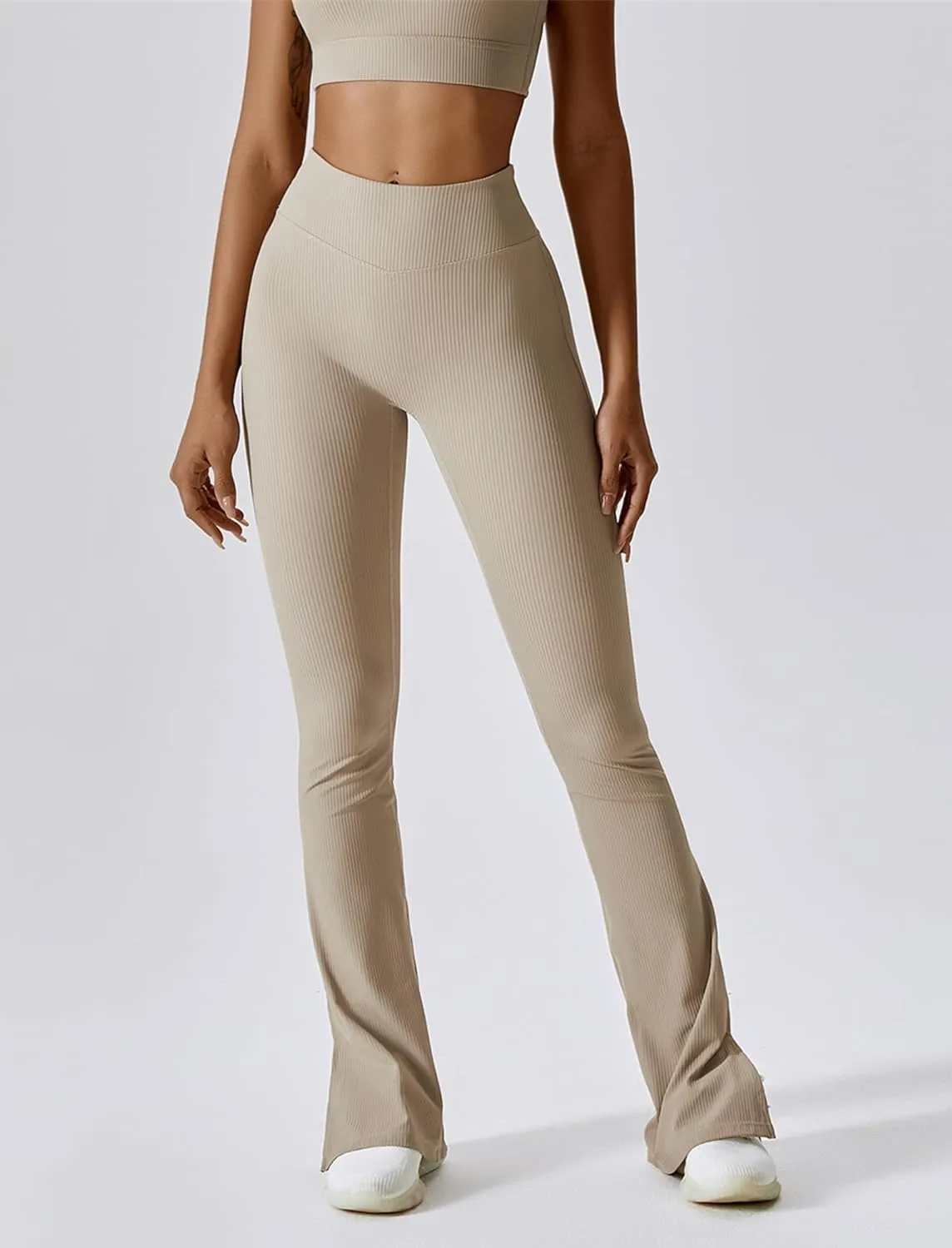 ABOCIW Women Ribbed Seamless Slit Hem Flared Leggings High Waist Bootcut Yoga Pants Tummy Control Workout Bootleg Pants