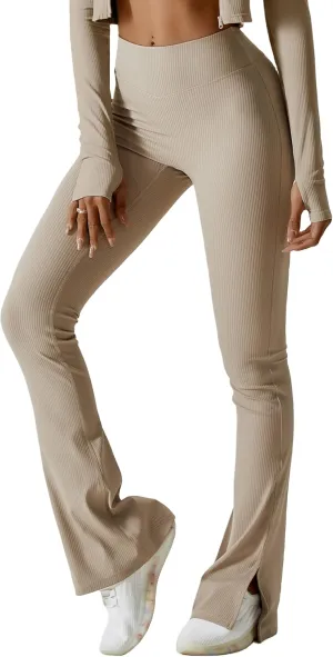 ABOCIW Women Ribbed Seamless Slit Hem Flared Leggings High Waist Bootcut Yoga Pants Tummy Control Workout Bootleg Pants