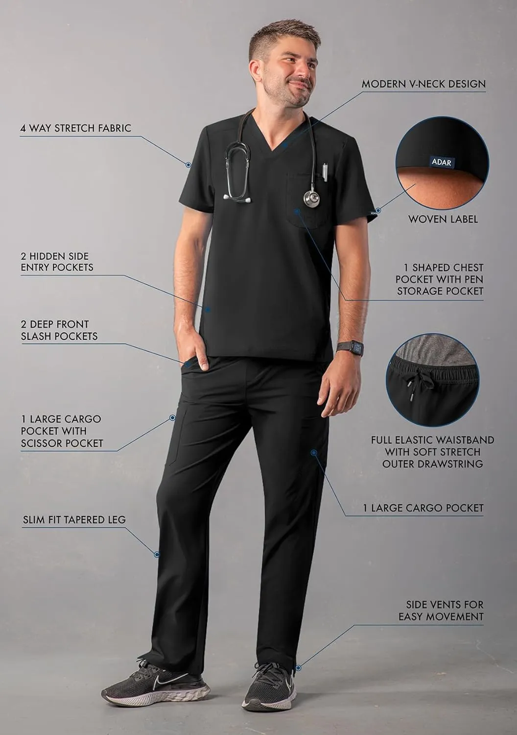 Adar Addition Go-Everyday Scrub Set for Men - Stylish Scrub Top & Cargo Scrub Pants