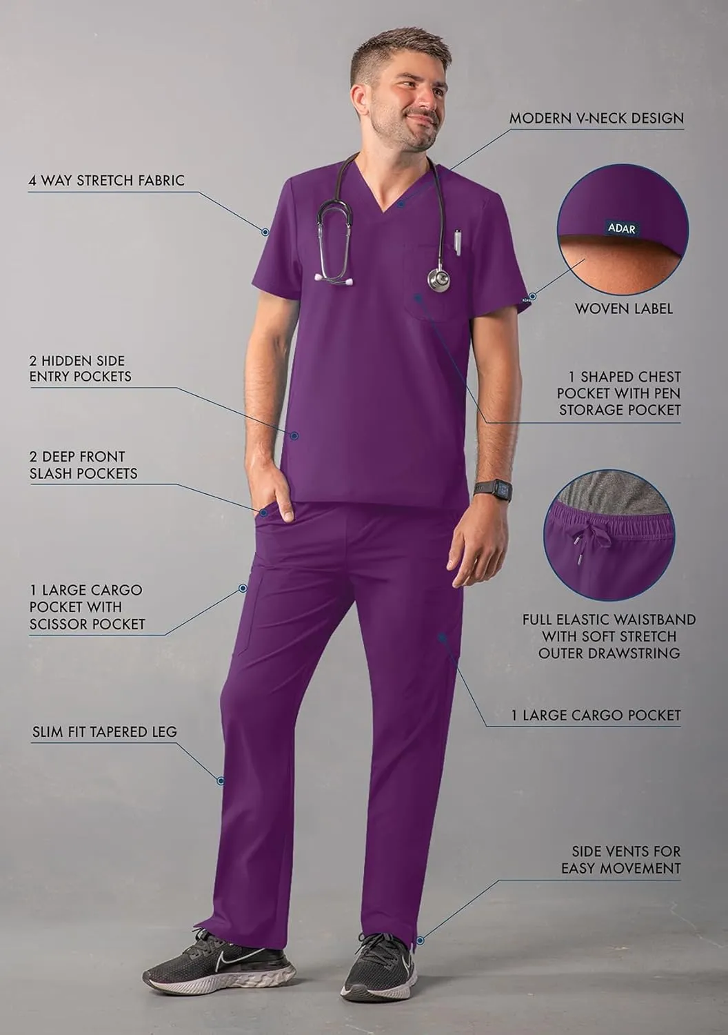 Adar Addition Go-Everyday Scrub Set for Men - Stylish Scrub Top & Cargo Scrub Pants