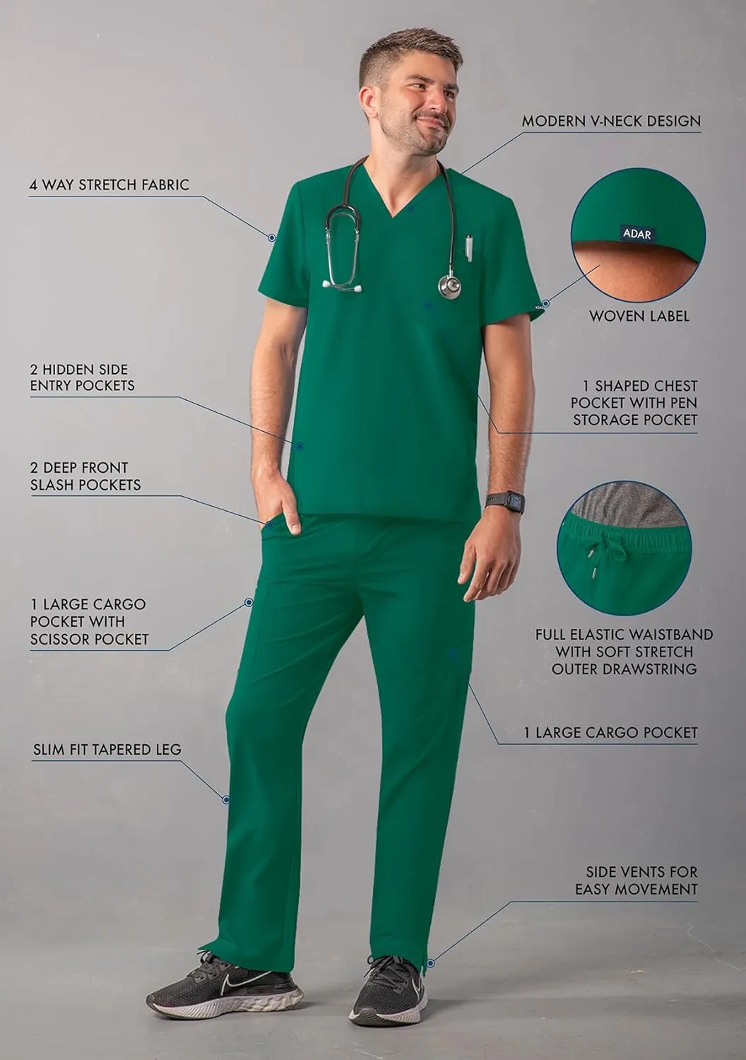 Adar Addition Go-Everyday Scrub Set for Men - Stylish Scrub Top & Cargo Scrub Pants