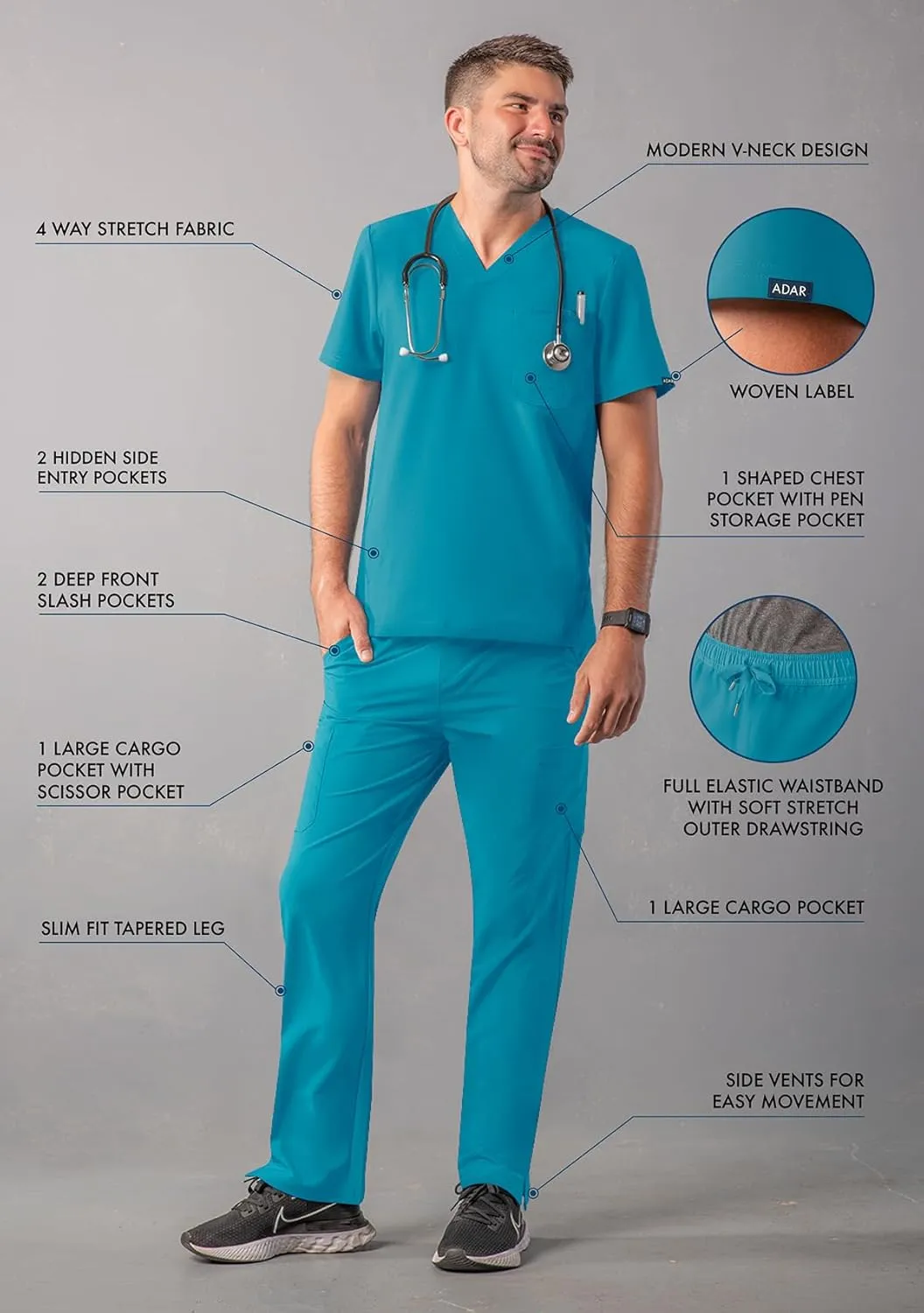 Adar Addition Go-Everyday Scrub Set for Men - Stylish Scrub Top & Cargo Scrub Pants