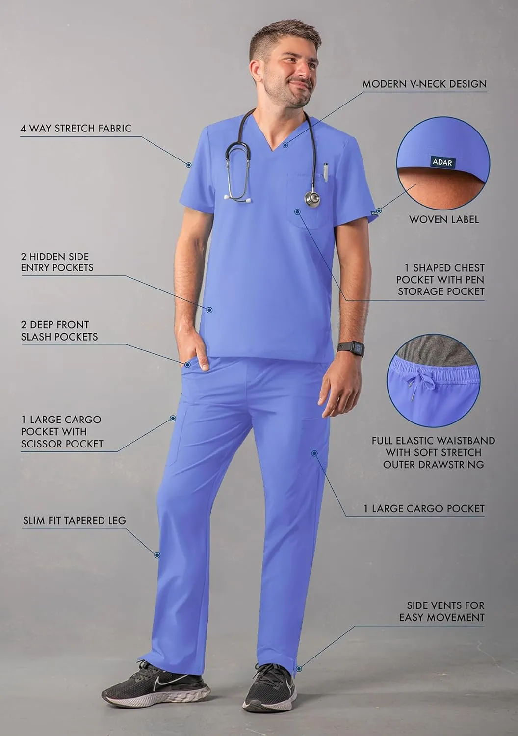 Adar Addition Go-Everyday Scrub Set for Men - Stylish Scrub Top & Cargo Scrub Pants