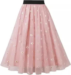 Adult A-line Tulle Skirt Bridesmaid Pleated Skirt for Women High Waist Layered Skirt Floral Print Mesh Midi Skirts