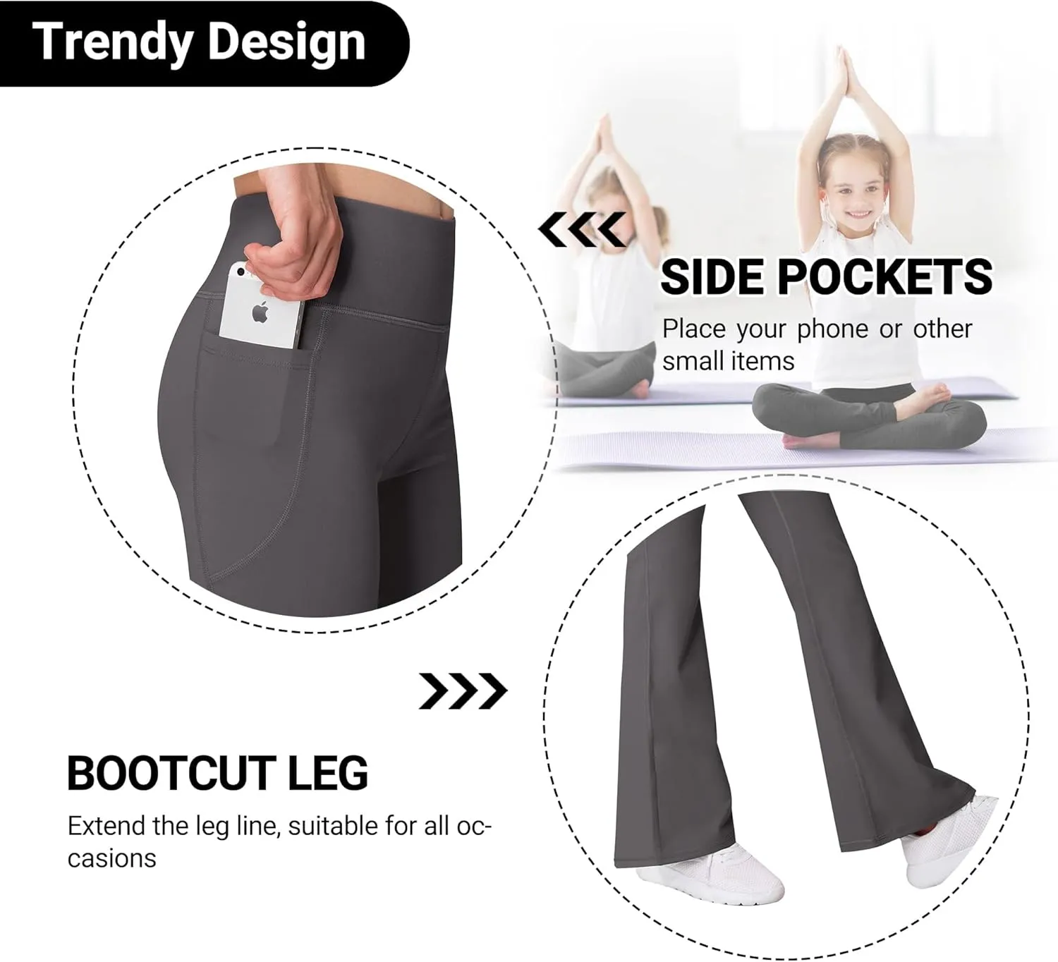 AENLLEY Girl Yoga Flare Wide Leg Tummy Control Stretchy Pants for Causal with Pockets 3 Pack