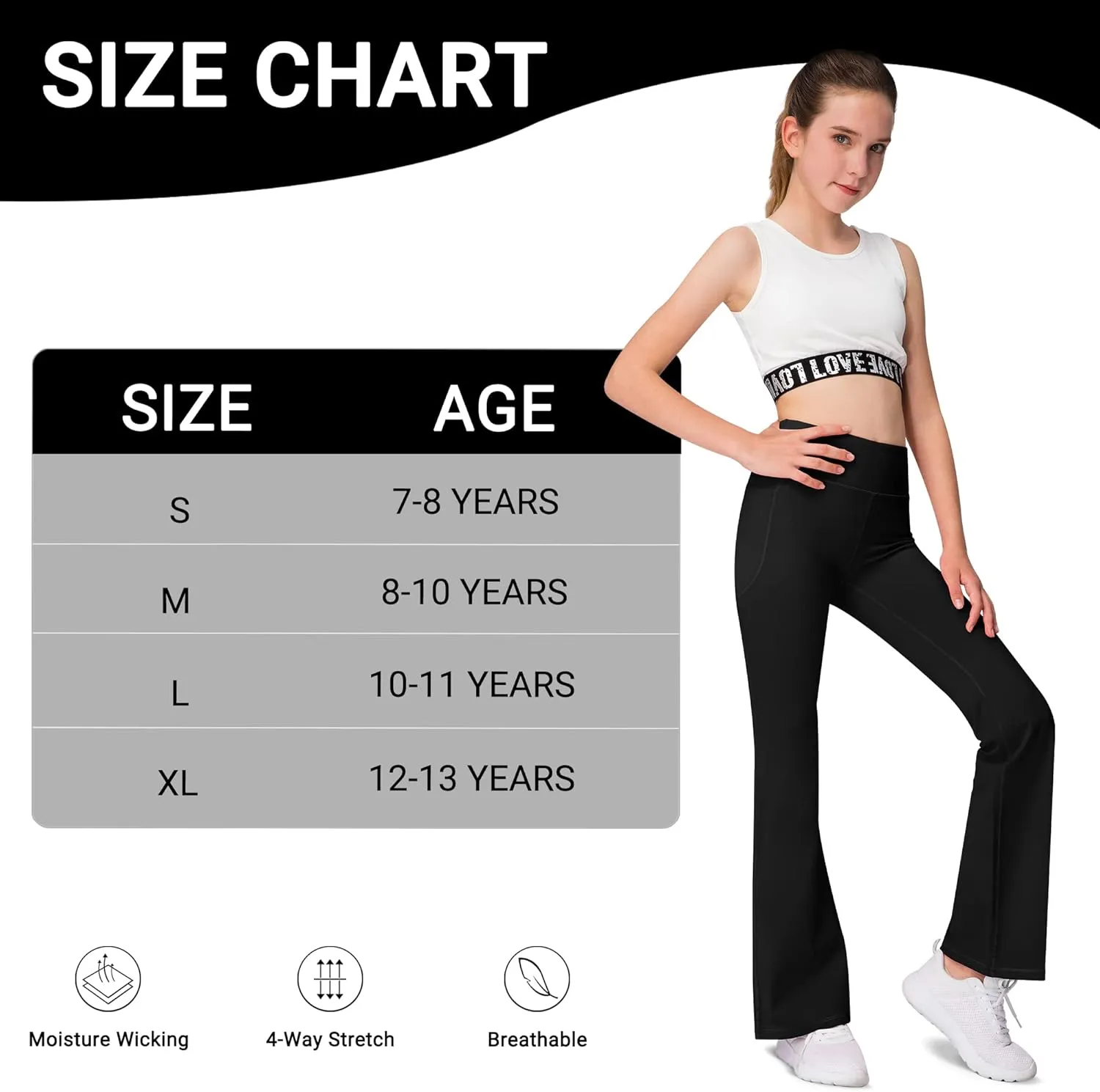 AENLLEY Girl Yoga Flare Wide Leg Tummy Control Stretchy Pants for Causal with Pockets 3 Pack