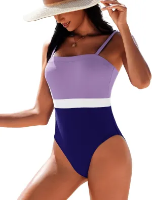AI'MAGE Women's One Piece Swimsuit Color Block Bathing Suit Square Neck Swim Suits Vintage Retro Swimwear S-2XL