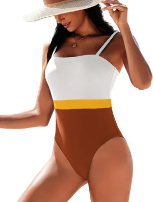 AI'MAGE Women's One Piece Swimsuit Color Block Bathing Suit Square Neck Swim Suits Vintage Retro Swimwear S-2XL