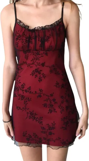 Alyweatry Women Chic Vintage Lace Cute Fairy Dress Sleeveless Spaghetti Strap Aesthetic Mini Dress