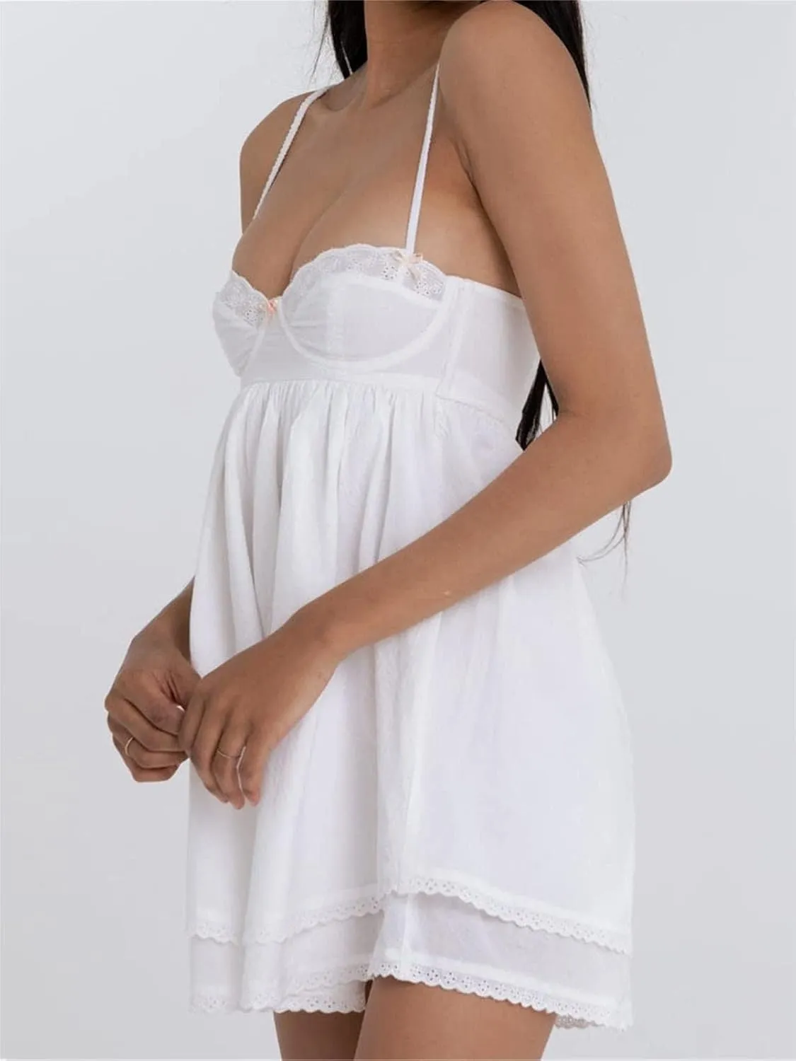 Alyweatry Women Chic Vintage Lace Cute Fairy Dress Sleeveless Spaghetti Strap Aesthetic Mini Dress