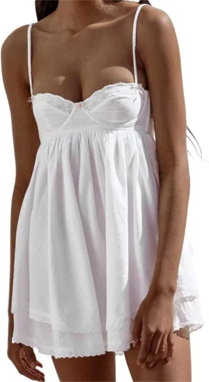 Alyweatry Women Chic Vintage Lace Cute Fairy Dress Sleeveless Spaghetti Strap Aesthetic Mini Dress