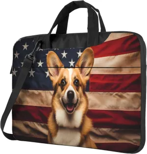 American Flag Cute Puppy Laptop Shoulder Bag for Women, Laptop Sleeve Case Durable Computer Bag