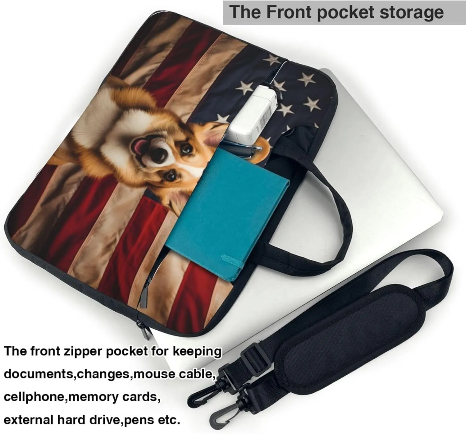 American Flag Cute Puppy Laptop Shoulder Bag for Women, Laptop Sleeve Case Durable Computer Bag