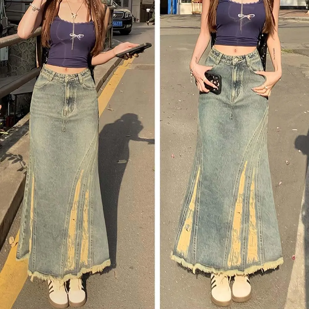 American Retro Distressed Design with Frayed Edges, Split Fish Tail Denim, high Waisted Long Skirt