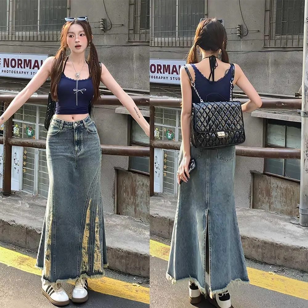 American Retro Distressed Design with Frayed Edges, Split Fish Tail Denim, high Waisted Long Skirt