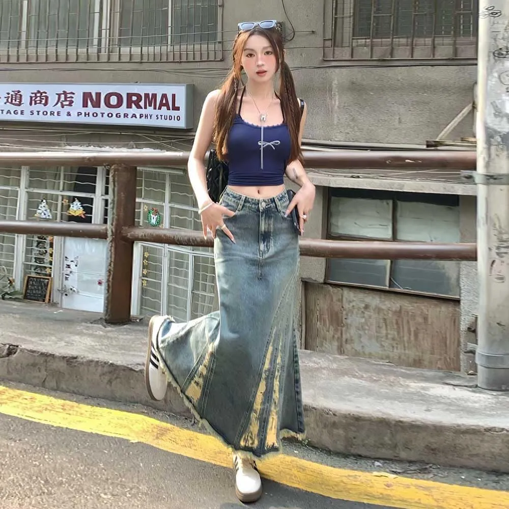 American Retro Distressed Design with Frayed Edges, Split Fish Tail Denim, high Waisted Long Skirt