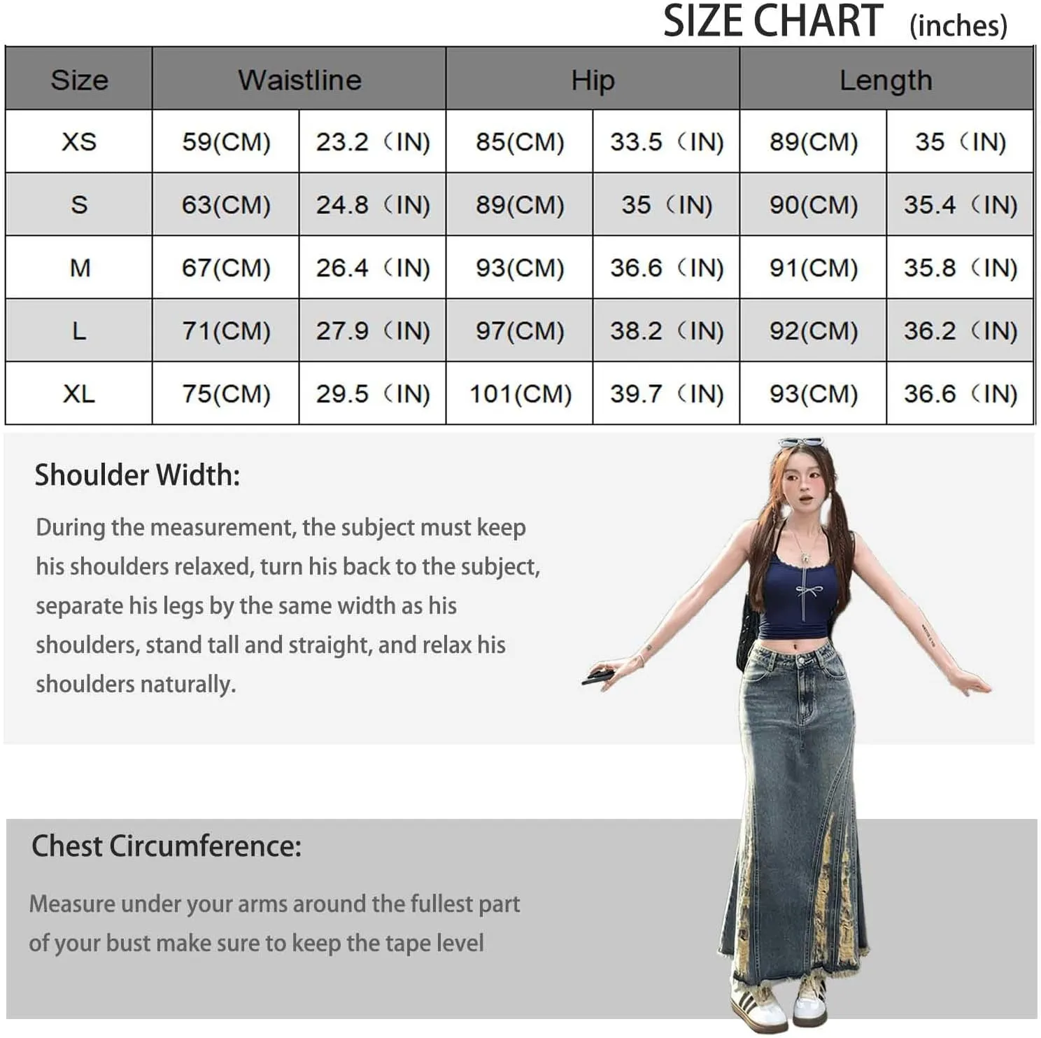 American Retro Distressed Design with Frayed Edges, Split Fish Tail Denim, high Waisted Long Skirt