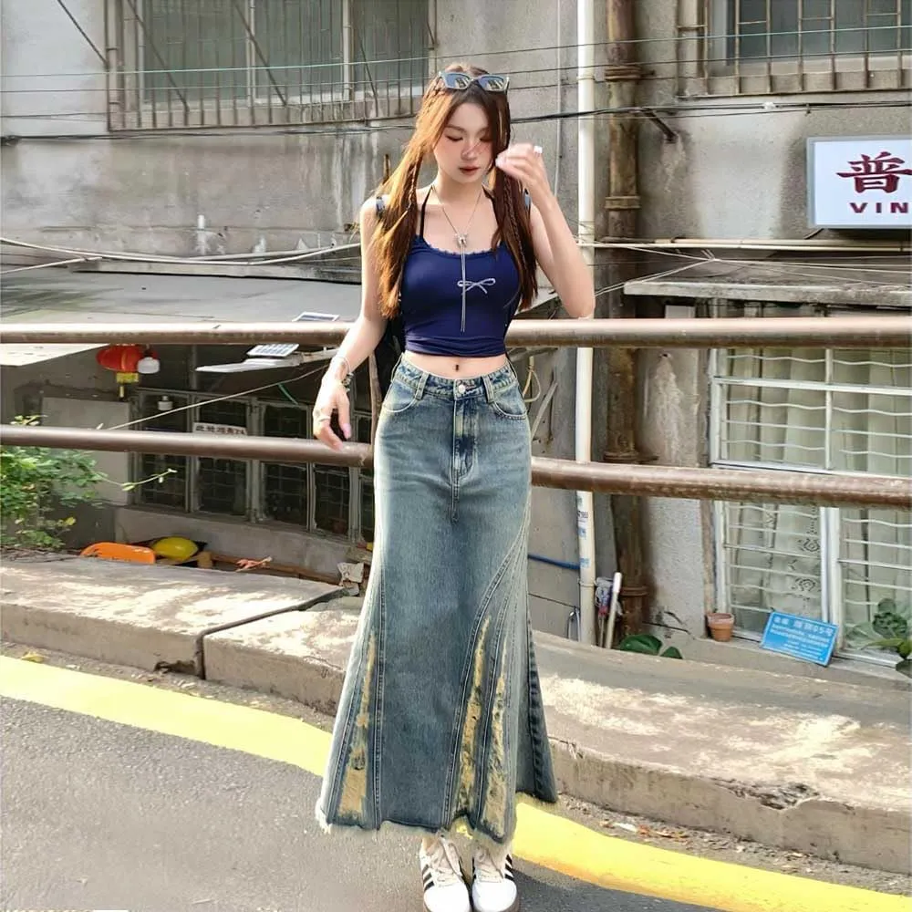American Retro Distressed Design with Frayed Edges, Split Fish Tail Denim, high Waisted Long Skirt