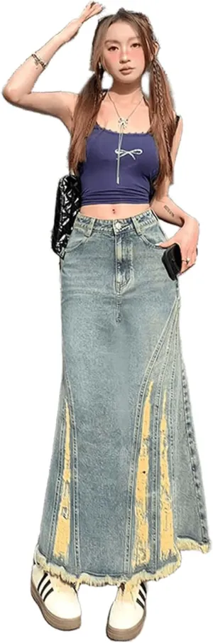 American Retro Distressed Design with Frayed Edges, Split Fish Tail Denim, high Waisted Long Skirt