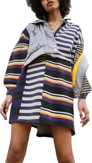 Amiblvowa Striped Sweatshirt Dress for Women Y2K Colorblock Long Sleeve Pullover Dress Vintage Oversized Streatshirt Top