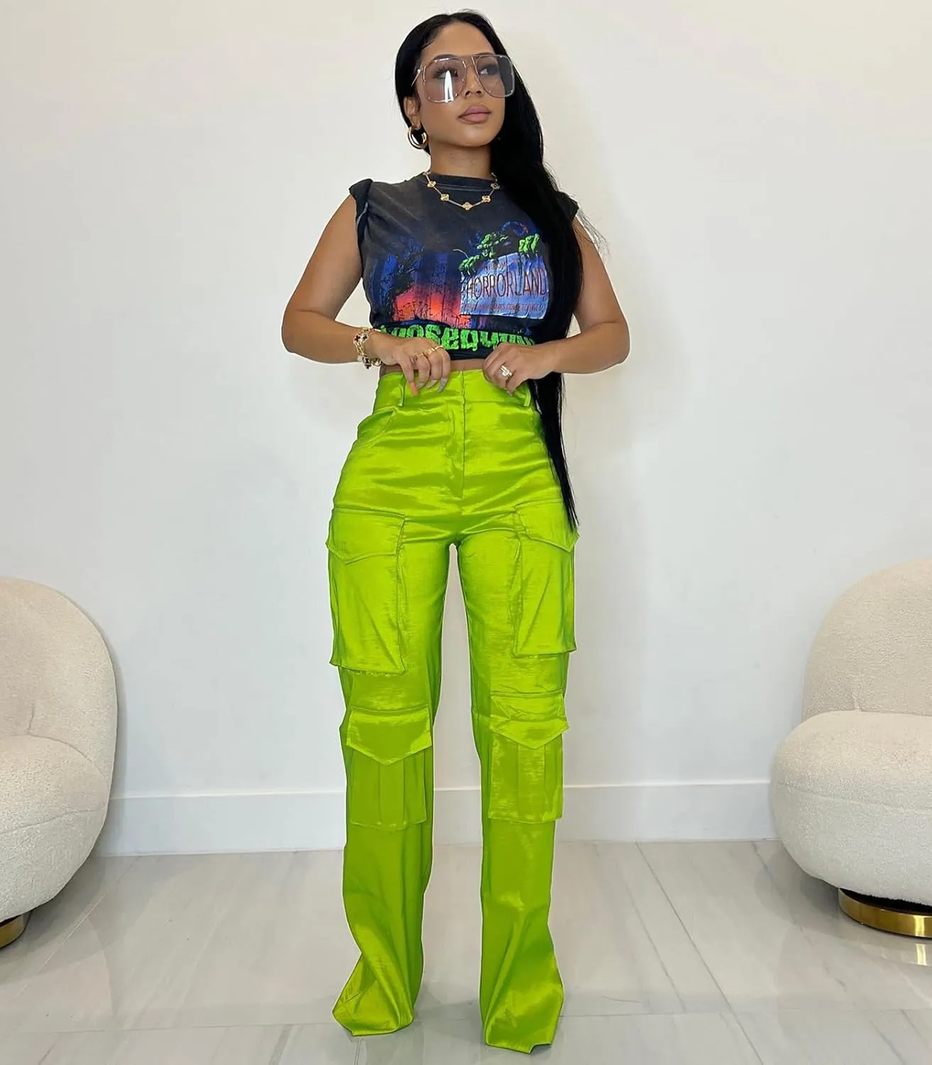 Angsuttc Cargo Pants Women High Waist Y2k Trendy Straight Leg Pants with Pockets