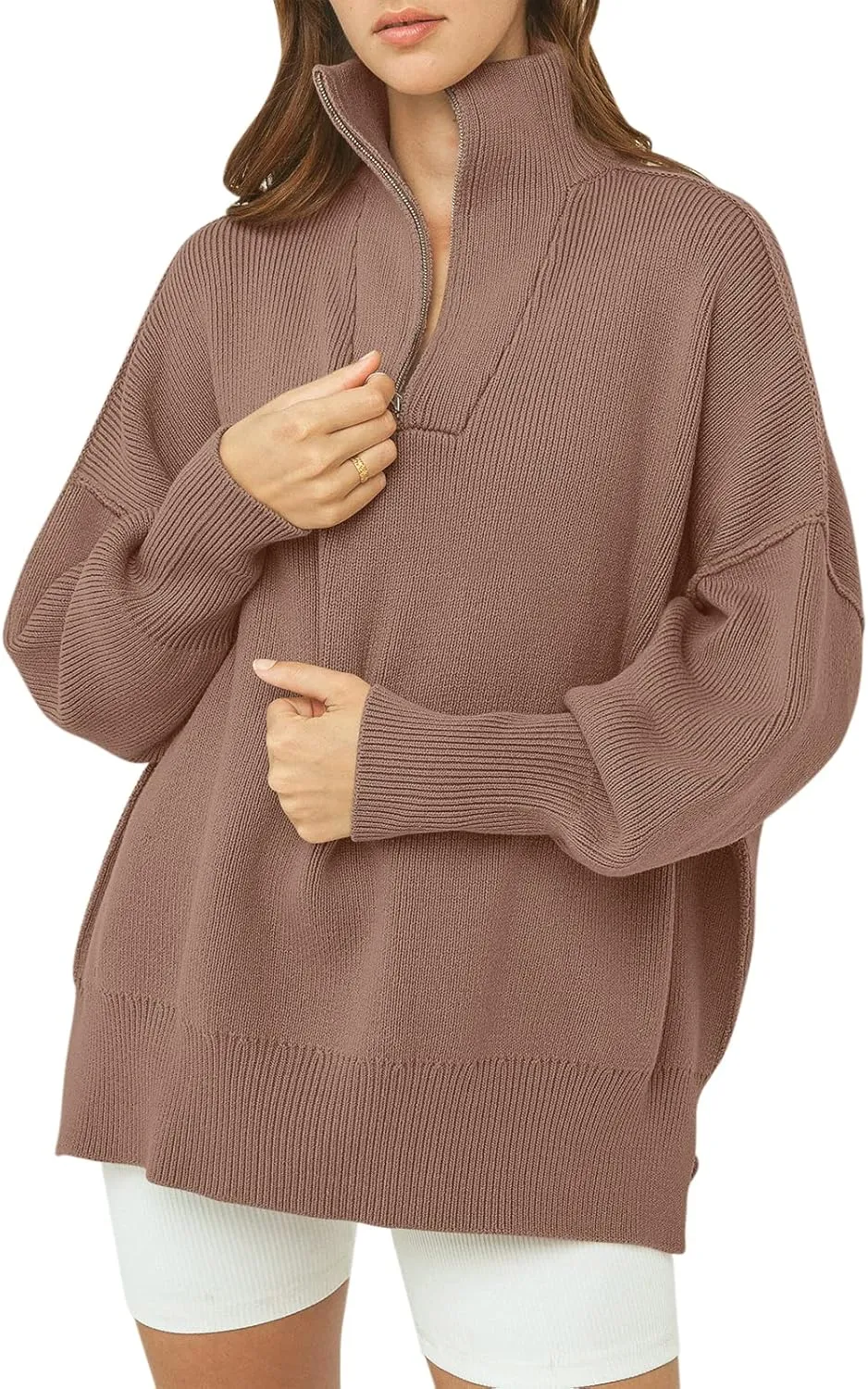 ANRABESS Women's Oversized Fashion Long Sleeve Quarter Zip Baggy Loose Slouchy Sweater Pullover Tops 2025 Fall Outfits