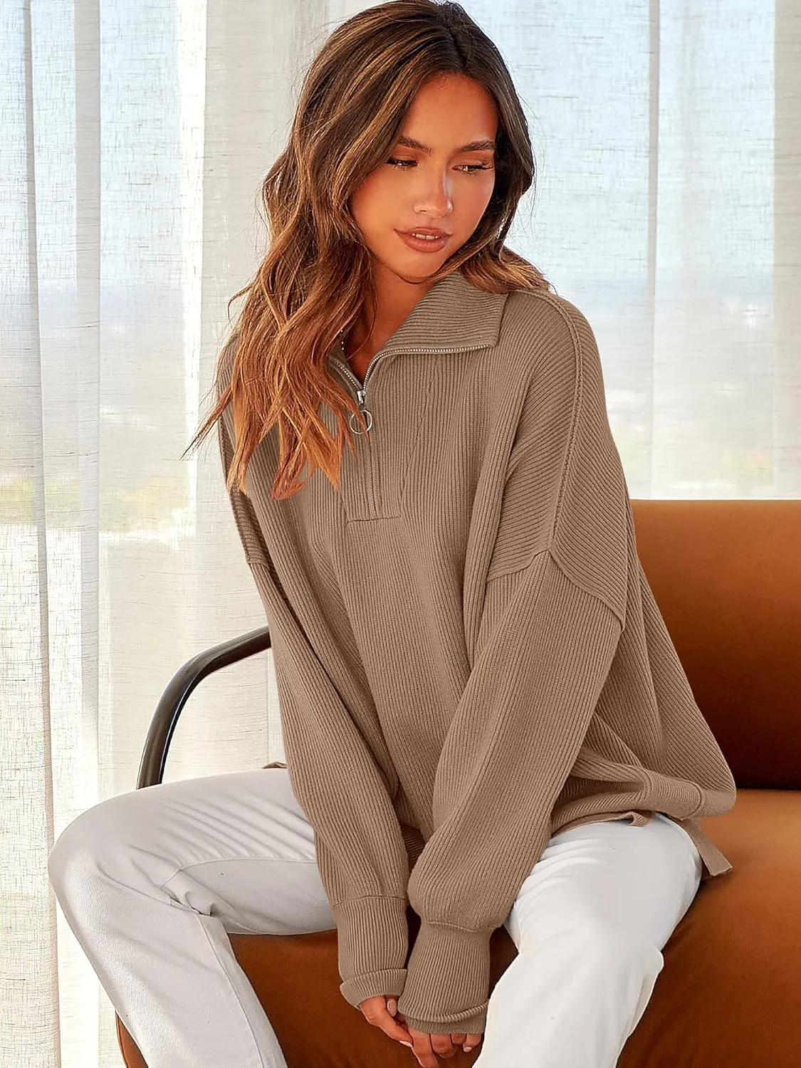 ANRABESS Women's Oversized Fashion Long Sleeve Quarter Zip Baggy Loose Slouchy Sweater Pullover Tops 2025 Fall Outfits