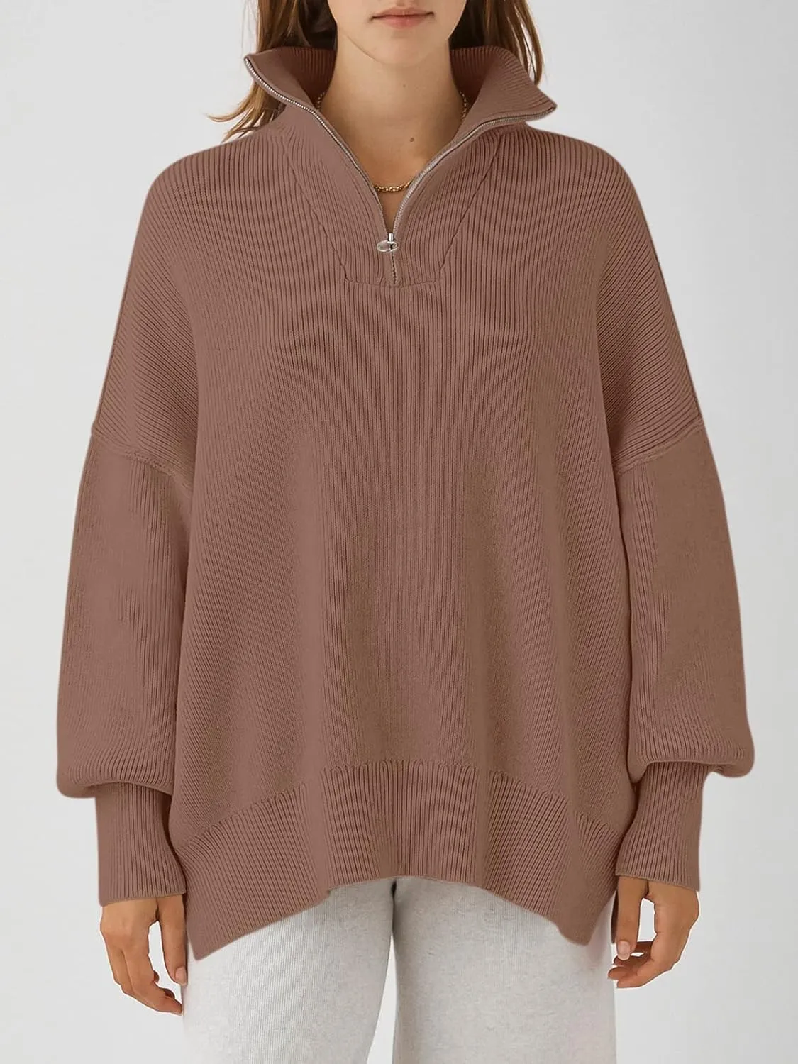 ANRABESS Women's Oversized Fashion Long Sleeve Quarter Zip Baggy Loose Slouchy Sweater Pullover Tops 2025 Fall Outfits