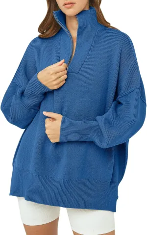 ANRABESS Women's Oversized Fashion Long Sleeve Quarter Zip Baggy Loose Slouchy Sweater Pullover Tops 2025 Fall Outfits
