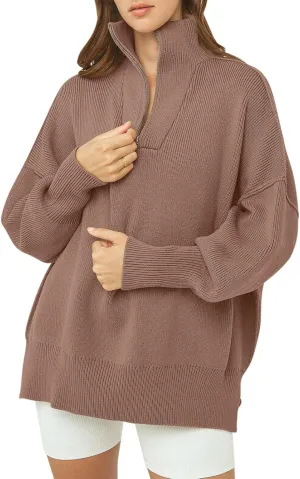 ANRABESS Women's Oversized Fashion Long Sleeve Quarter Zip Baggy Loose Slouchy Sweater Pullover Tops 2025 Fall Outfits