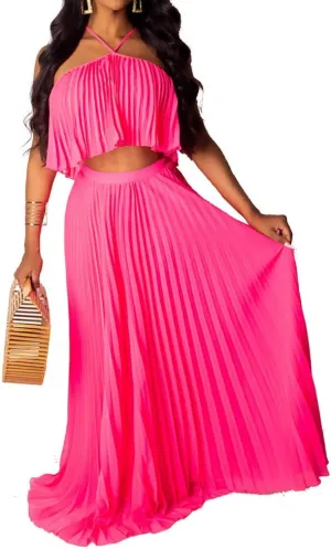 Aro Lora Women's Sexy Chiffon Sleeveless Ruffle Crop Top Pleated Long Skirt 2 Piece Maxi Dress