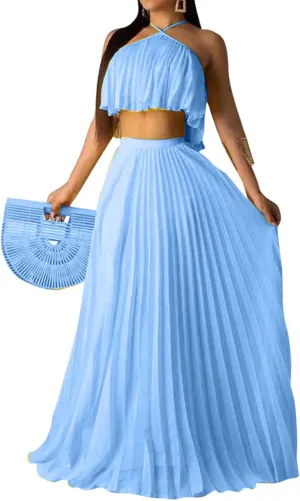 Aro Lora Women's Sexy Chiffon Sleeveless Ruffle Crop Top Pleated Long Skirt 2 Piece Maxi Dress